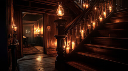 The warm lighting and dark wooden tones create a moody and mysterious atmosphere.