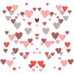 A large collection of hearts in various sizes and colors. The hearts are scattered all over the white background. Love and affection concept. Illustration.