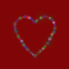 Illustration of a heart shape made of many small geometric shapes of different colors. Concept of love and affection. Red background.