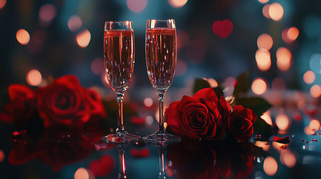 Festive romantic background with red roses and sparkling wine glasses