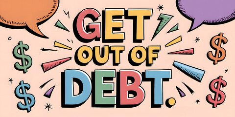 Get Out of Debt text in colorful cartoon typography with playful dollar signs, speech bubbles, and dynamic accents on a peach background.
