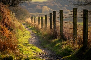 Obraz premium Rural path, barbed wire fence, grassy hillside.