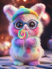 Fototapeta premium Cute rainbow bunny, lollipop, autumn background, digital art, children's book