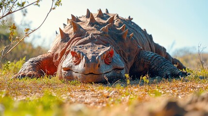Close-Up of a Horned Lizard in a Natural Habitat under a Clear Blue Sky