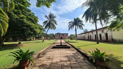 Fototapeta premium Historic Colonial Courtyard with Lush Greenery