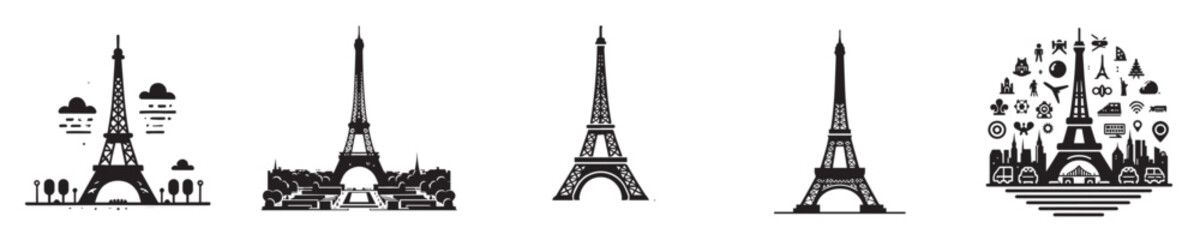 vector set of eiffel tower silhouette icons