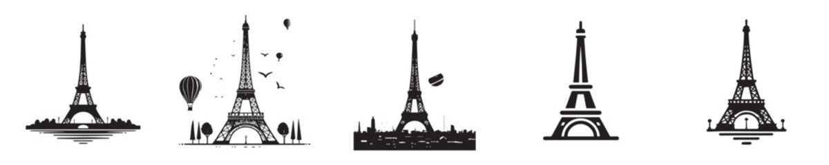 vector set of eiffel tower silhouette icons