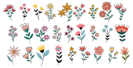 Collection of spring colorful flower elements vector. Set floral of wildflower, leaf branch, foliage on white background. Hand drawn blossom illustration for decor, easter, sticker, clipart, print.