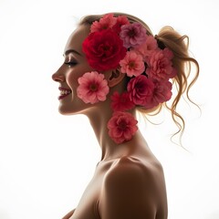 Profile of a woman smiling, overlaid with a bouquet of red and pink roses, soft background
