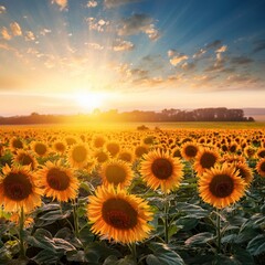Fototapeta premium Generated image Vibrant sunflower field glowing in the sunset light during summer