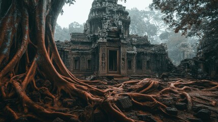 Ancient Temple Ruins Enveloped By Massive Tree Roots