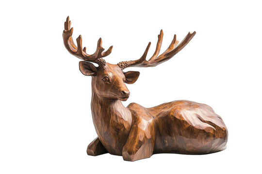 Intricate wooden sculpture of a resting deer with detailed antlers displayed against a plain background