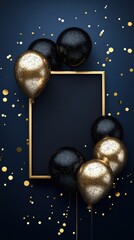 Black and gold balloons framing photo on blue glitter background