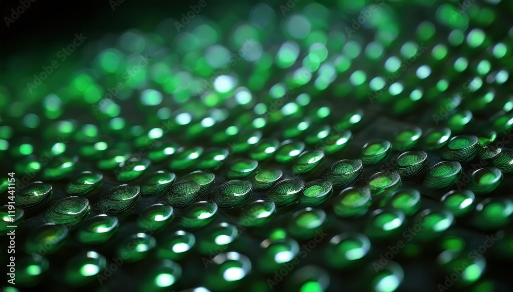 Fototapete close-up of vibrant green droplets on a textured reflective surface with bokeh effect, perfect for abstract backgrounds and design concepts


