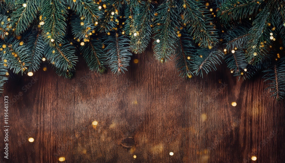 Poster rustic wooden background with evergreen pine branches and golden bokeh lights for festive decor or h