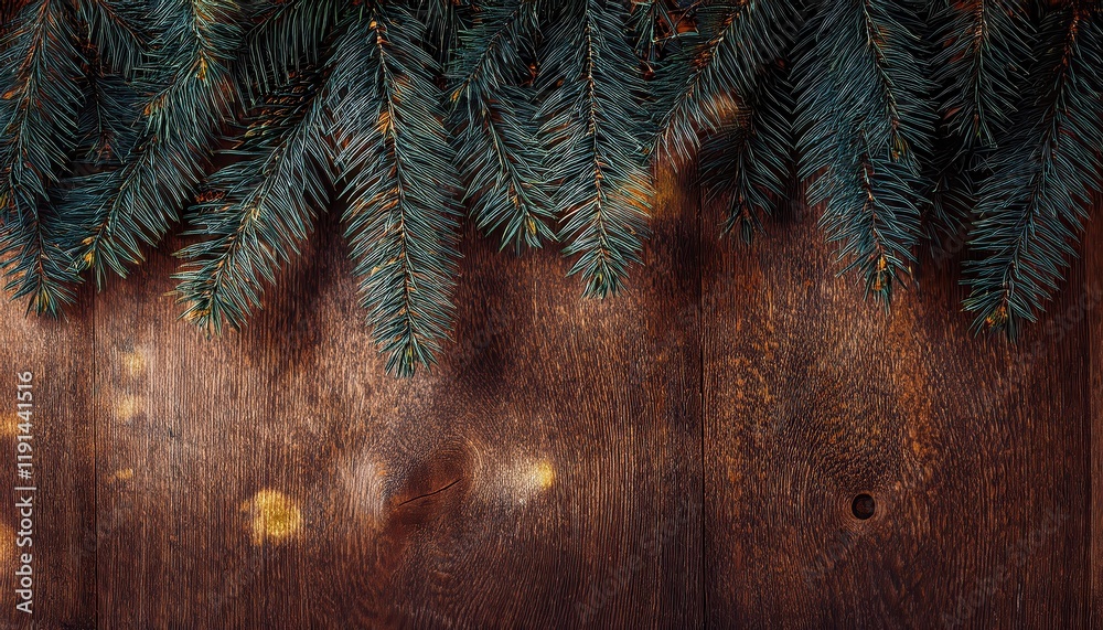 Poster rustic wooden background with evergreen pine branches and golden bokeh lights for festive decor or h