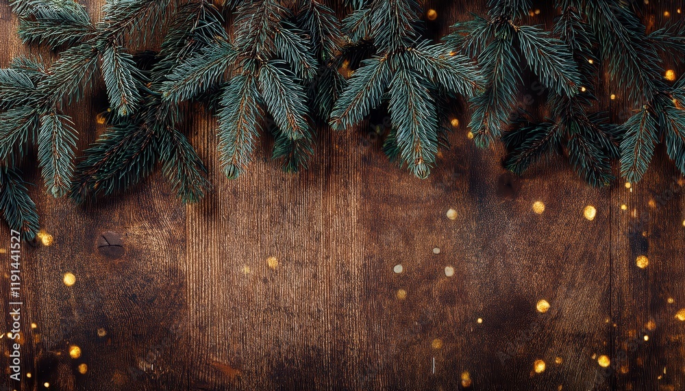 Poster rustic wooden background with evergreen pine branches and golden bokeh lights for festive decor or h