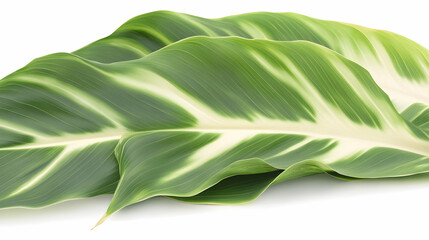Obraz premium Tropical Calathea leaves, vibrant green and white stripes, isolated on white background; ideal for home decor, botanical illustrations, or website design