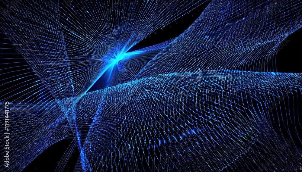 Poster dynamic blue energy vortex with glowing particles and flowing lines in a futuristic abstract grid structure for tech visuals