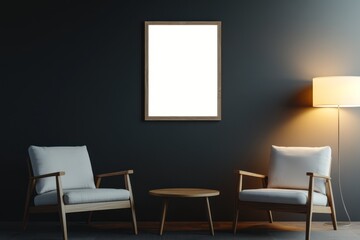 Dark room, mockup poster, chairs, table, lamp
