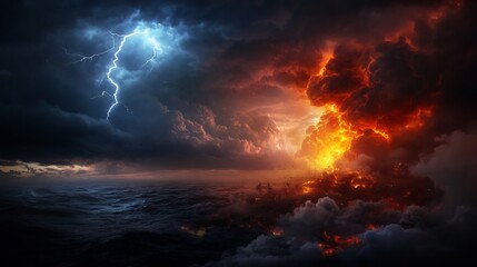 Fototapeta premium Apocalyptic Seascape: A Fiery Inferno Meets a Raging Storm