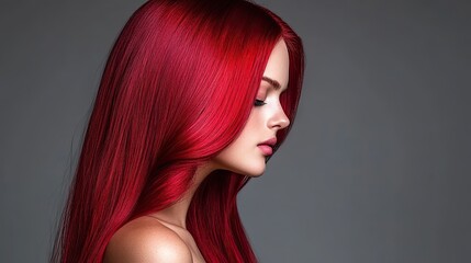 Long women's hair coloured in an intense ruby colour. Hair colouring in modern shades. Cherry red hair styled in smooth, loose waves. Illustration for cover, advertising, marketing or presentation.
