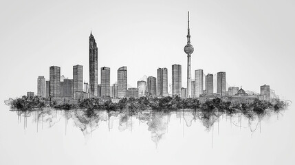 Minimalistic black and white digital illustration of a modern city skyline with high-rise buildings and a sketched artistic effect.