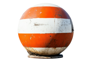 Large concrete barrier ball with orange and white stripes located outdoors at a construction site