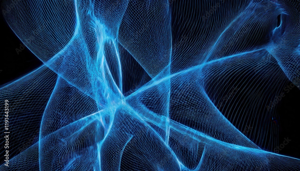 Aufkleber abstract glowing blue wave mesh pattern with dynamic light trails on black background for futuristic