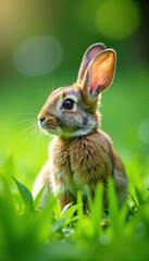 Fototapeta premium Bunny amidst lush green grass with upright ears gazing away, animal, bunny