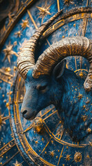 Capricorn zodiac sign against horoscope wheel. Astrology calendar. Esoteric horoscope and fortune telling concept