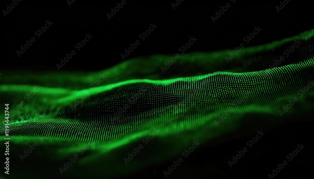 Poster glowing green digital waves in motion, illuminated particle grid forming abstract futuristic terrain, technology visualization concept