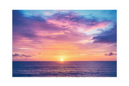 Stunning sunset over the ocean creates a serene atmosphere with vibrant colors by the shoreline in the evening