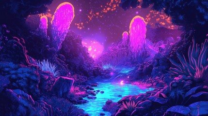 Naklejka premium Surreal glowing river scene with vibrant alien flora