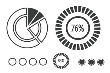 Minimalist percentage circles, black and white icons, progress indicators, simple geometric design, clean infographic elements, loading symbols, pie chart progression, monochrome circular statistics, 