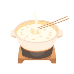 A minimalist flat illustration of a camembert fondue, featuring a soft pastel color palette on a clean white background. Perfect for culinary themes or cozy dining concepts.