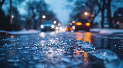 Close-Up of Ice-Covered Street with Cars – Evening Bokeh Effect, Blurred City Lights, Cold Winter Season