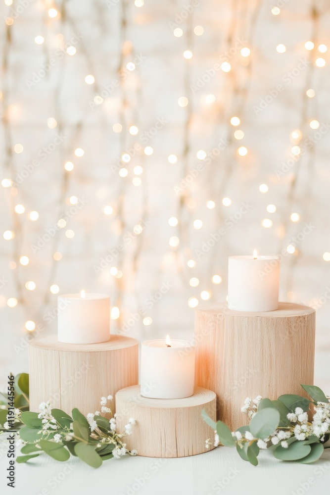 Poster cozy candlelit scene with wooden blocks and string lights
