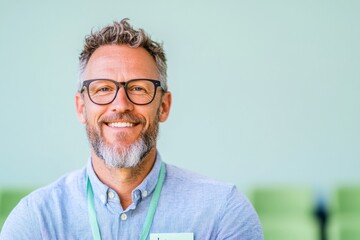 Obraz premium Confident Middle-Aged Man with Name Badge at Social Event