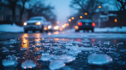 Close-Up of Ice-Covered Street with Cars – Evening Bokeh Effect, Blurred City Lights, Cold Winter Season