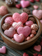 Obraz premium Close-up of a delectable assortment of heart-shaped chocolates., Valentine's Day Card, Valentine's Day Background