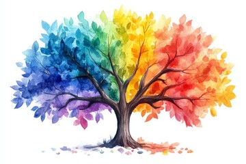 Fototapeta premium Vibrant watercolor rainbow tree illustration on white background