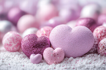 Obraz premium Romantic Pink Hearts and Ornaments on a Snow-Like Surface