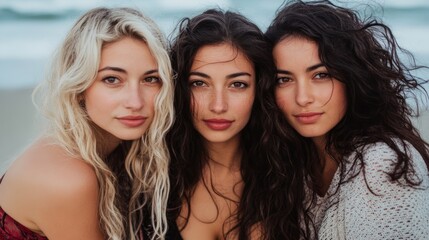 Fototapeta premium Three women beach portrait, ocean background, friendship, summer