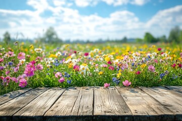 Empty Wooden Table with Blurred Garden Background – Spring Flowers in Bloom, Product Display Space, Copy Space for Promotional Content