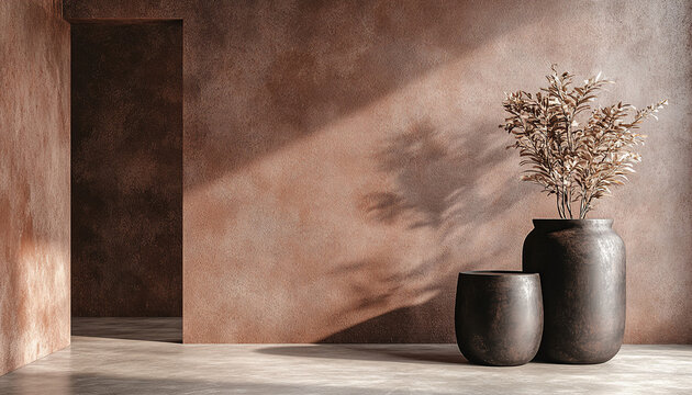 minimalist luxury interior with benjamin moore cinnamon slate color, with references from Pantone 2025 Mocha Mousse Color.