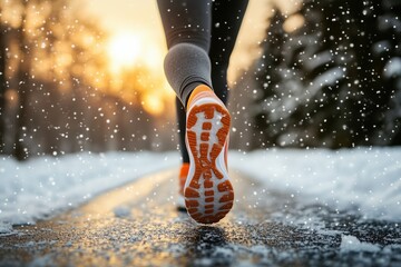 Back View of Woman's Legs Jogging in Snow with Sport Shoes – Winter Exercise, Fitness, Snowy Background, Active Lifestyle, Outdoor Running in Cold Weather