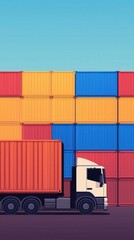 Freight Truck Transporting Cargo Against Colorful Shipping Container Stack in Urban Environment