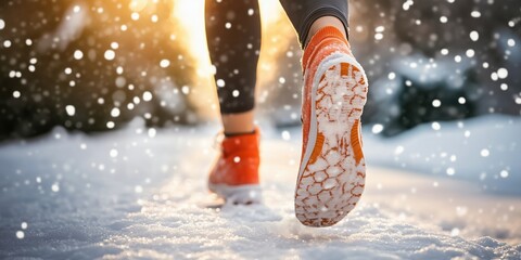 Back View of Woman's Legs Jogging in Snow with Sport Shoes – Winter Exercise, Fitness, Snowy Background, Active Lifestyle, Outdoor Running in Cold Weather