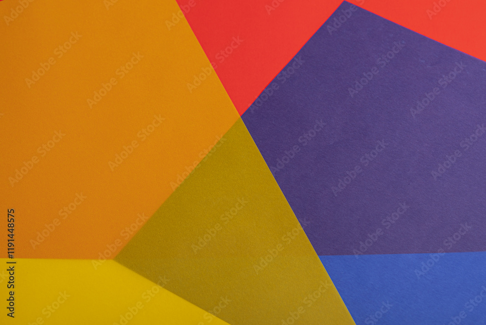 Poster colorful geometric paper background with translucent red, yellow, orange, blue, and purple overlappi